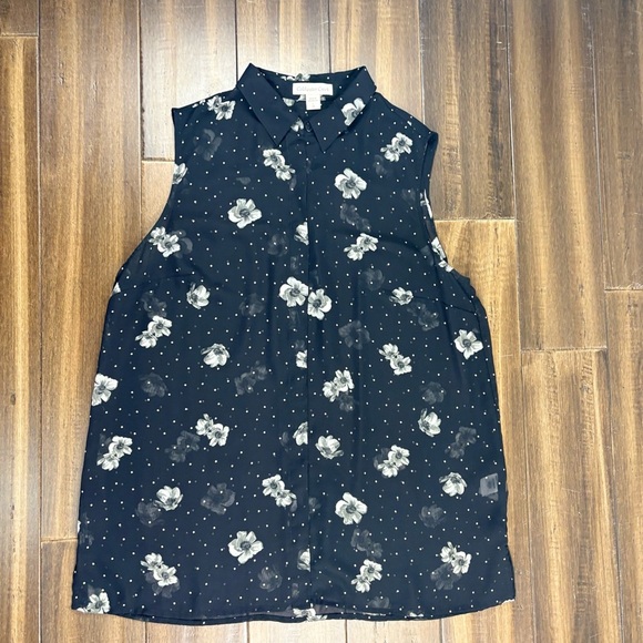 Size L Sheer Button Up Black White Gray Floral Sleeveless Blouse Top - Picture 1 of 10